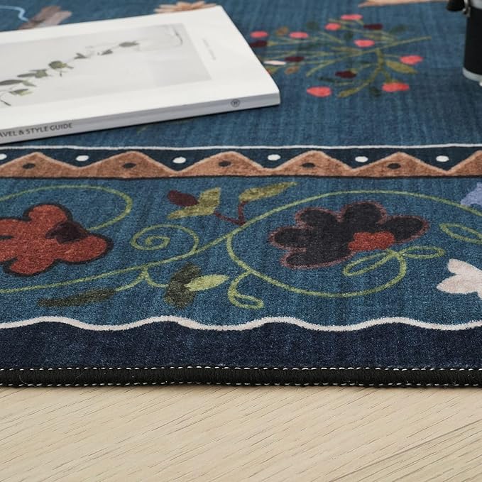 Rugcomf Living Room Rug 5x7 Rug Machine Washable Boho Area Rug Non Slip Floral Animal Cat Vintage Low Pile Large Rugs for Living Room Bedroom Farmhouse Dining Room Kids Playroom, Pearl Gentian Blue