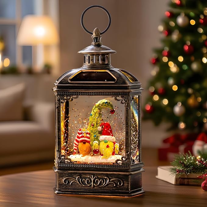 Musical Snow Globe Lantern Lighted Christmas Gnomes Santa Elf Snow Water Lantern with Swirling Glittering Home Decoration and Gift, Battery Operated or USB Powered