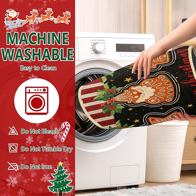 Christmas Gingerbread Kitchen Rugs and Mats Non Skid Washable Set of 2, Peppermint Candy Cookies Xmas Kitchen Mats for Floor Decor