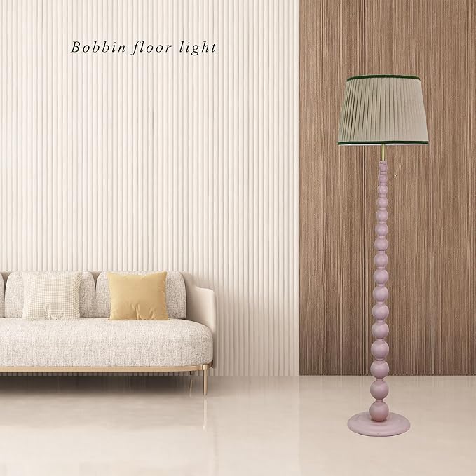 Modern Floor Lamp for Living Room, Farmhouse Floor Lamps, 14X14X59 Inch Pink Wood Base Pull Chain Switch Floor Lamp for Bedrooms and Office (Tapered Pleated Shade)