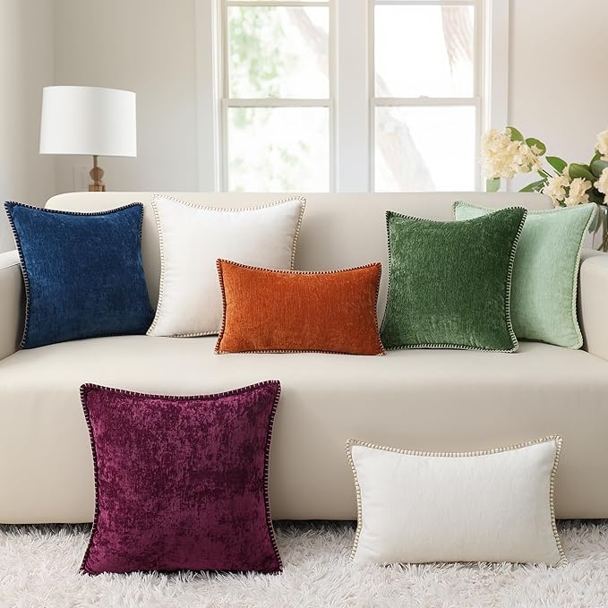 decorUhome Chenille Soft Throw Pillow Covers 22x22 Set of 2, Farmhouse Velvet Neutral Decorative Euro Pillow Covers with Stitched Edge for Couch Sofa Bed Home Decor, Aqua Haze