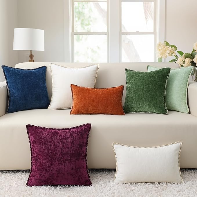 decorUhome Chenille Soft Throw Pillow Covers 12x20 Set of 2, Lumbar Velvet Farmhouse Neutral Decorative Euro Pillow Covers with Stitched Edge for Couch Sofa Bed Home Decor, Beige