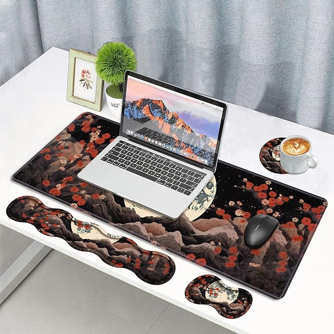 4 in 1 Ergonomic Memory Foam Mouse Pad Wrist Rest Set, Large XXL Gaming Desk Pad + Keyboard Wrist Rest + Mouse Wrist Cushion + Coaster for Home Office Study Gaming, Moon Peak Flowers