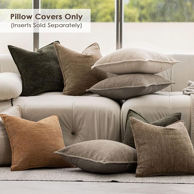 DWR Decorative Throw Pillow Covers Set of 2, 18x18 Crinkled Chenille Textured Cushion Covers for Couch, Sofa or Bed, Modern Rustic Home Accent in Linen Beige/Natural Taupe