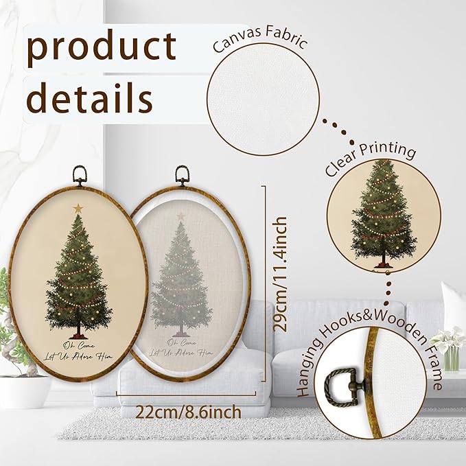 XPH Vintage Christian Christmas Tree Oval Wall Art Framed, Religious Christmas Oval Wall Decor, Oh Come Let Us Adore Him Bible Verse Hanging Canvas Prints for Home Bedroom Decoration, 8.6x11.4 Inch