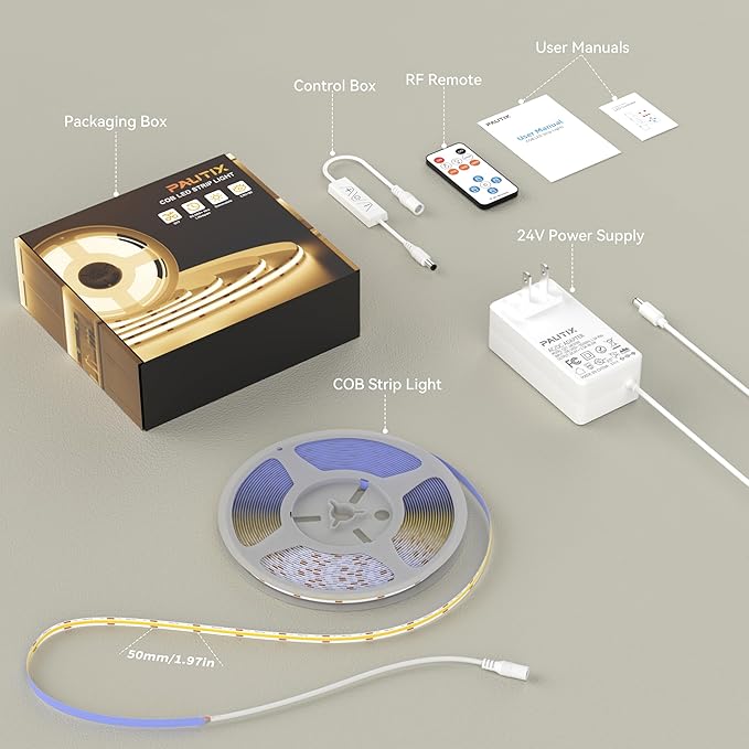 PAUTIX COB LED Strip Light Daylight White 6000K 16.4ft UL Listed CRI93+ Super Bright Dimmable 24V Flexible LED Tape Lights with RF Remote,for Cabinets Bedroom Mirror TV Office Decor DIY Lighting