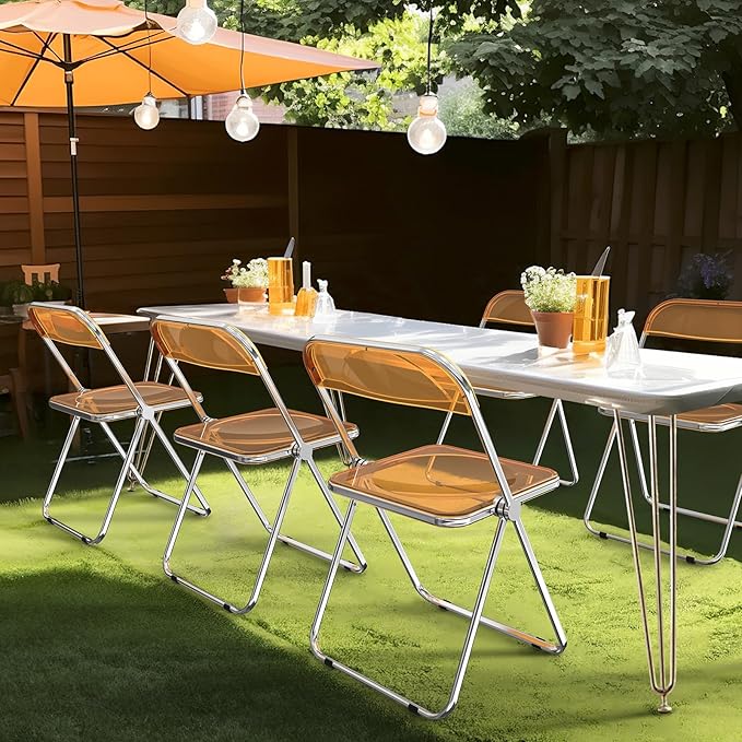 VINGLI Acrylic Folding Chairs 2 Pack, Clear Chair Foldable and Stackable, Plastic Panel & Metal Chrome Frame, Weight Capacity 350 lbs, Orange