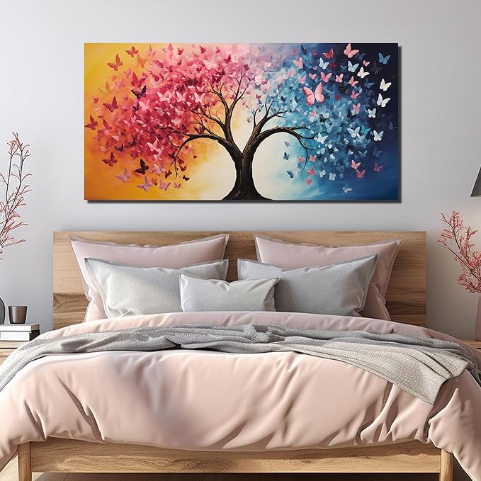 GUGIKA Tree Wall Art for Living Room, Pink Gold and Blue Butterflies Canvas Wall-Decor for Bedroom, Natural Picture Print for Hallway, Large Size 59x29 Inches
