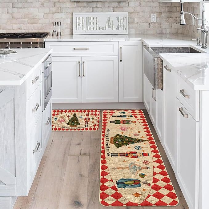 VAKADO Christmas Kitchen Rugs Door Mat Set of 2,for Decor Kitchen Door Front Doormat Nutcracker Floor Decorations Stain Fade Resistant Non-Slip Rubber Backing Rug(17x29 Inch,17x47 Inch)
