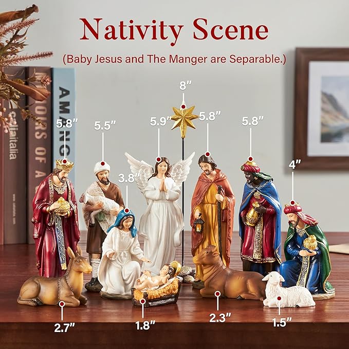 Nativity Sets for Christmas Indoor Set of 13 Pieces 5.9 Inches Tabletop Classic Nativity Scene Resin Figurines Set Religious Decorations Collection Gifts fot All Holidays Home Decor