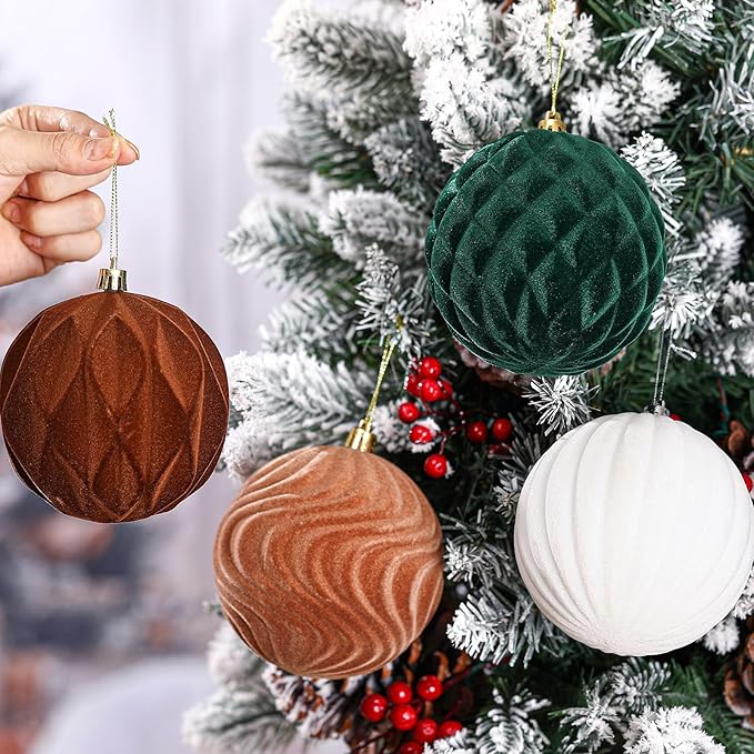 4 Pcs 4 Inch Large Velvet Christmas Ball Ornaments Vintage Christmas Plastic Ball Ornaments Flocked Tree Hanging Decoration for Xmas Party Wedding Home Decor(Brown Green White)