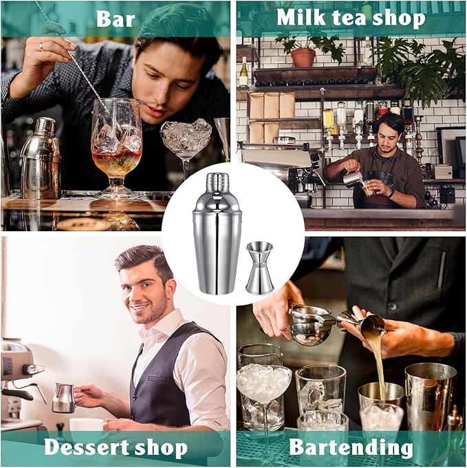 8 Packs Cocktail Shaker Set Martini Shaker Bulk Stainless Steel Martini Mixer with Strainer and Double Measuring Jigger for Bar Party Home Use Wine Bar Mixing Tool (18 Oz/ 550 ml)