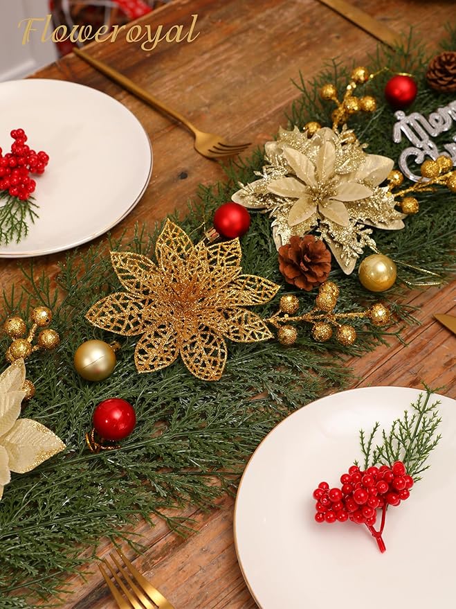 Floweroyal 60pcs Poinsettia Artificial Christmas Flowers Decorations with Clips and Berry Stems Glitter Ornaments for Christmas Tree Wreath Fireplace Stairs Decor (Gold-3 Styles)