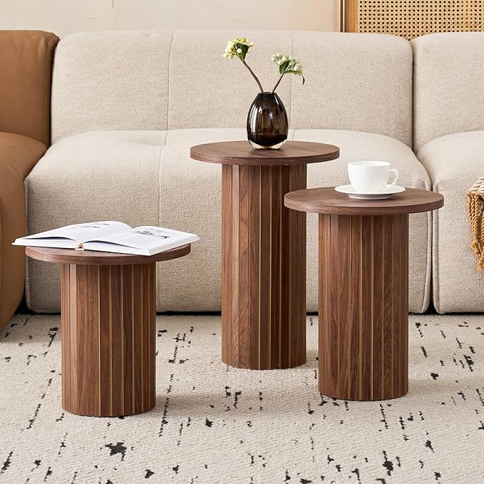 3-Piece Nesting Coffee Table Set, Modern Small Round Wood Side Tables, Fluted Drum Base, for Living Room Bedroom Apartment Small Space, Brown