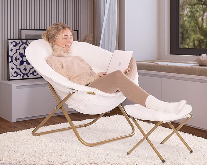 Milliard Cozy Chair/Faux Fur Saucer Chair for Bedroom/X-Large (White + Footrest)