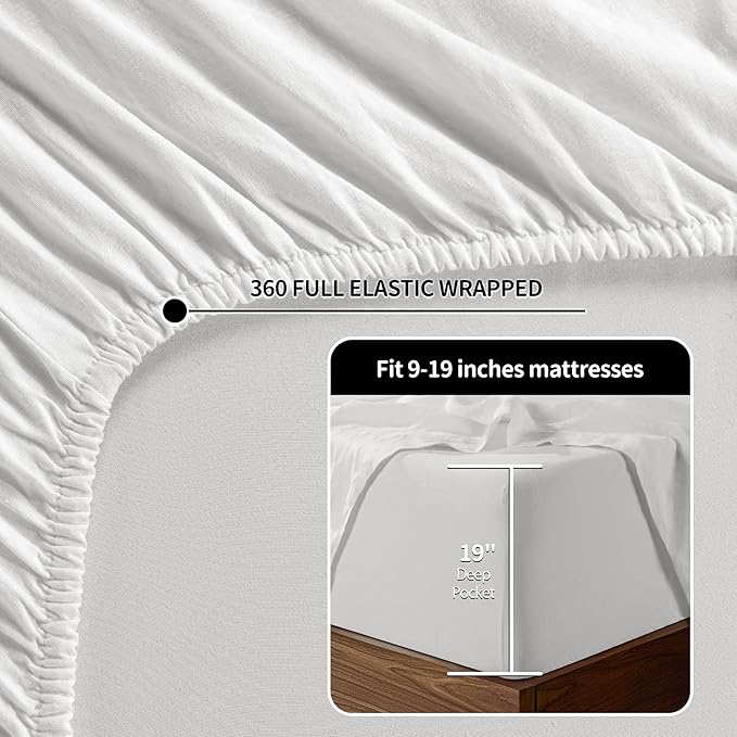 LBRO2M 100% Linen Sheet Set 19" Deep Pocket California King Size,Bed Sheets 4 Piece Sets,Solid Color Natural Flax Bed Sheets Soft Breathable Bedding,All Season (Clifornia King, White)