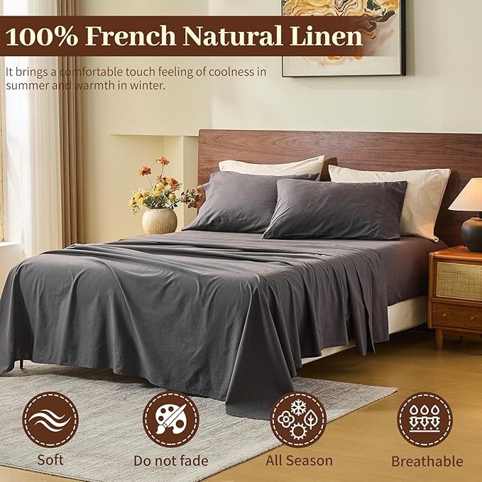 MEISHANG 100% French Pure Linen Sheets Queen Size - Bed Sheets 4 Piece Sets, Soft Durable Flax Linen, Anti-Tear Breathable Oeko-Tex Certified with 16" Deep Pocket (Dark Grey)