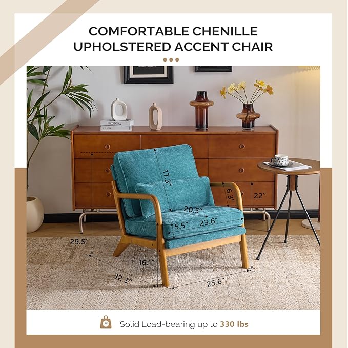 VINGLI Chenille Mid-Century Modern Accent Chair, Cute Reading Arm Chair with Cushion & Lumbar Pillow & Solid Wood Frame for Lounge, Living Room, Reading Room, Bedroom, Turquoise