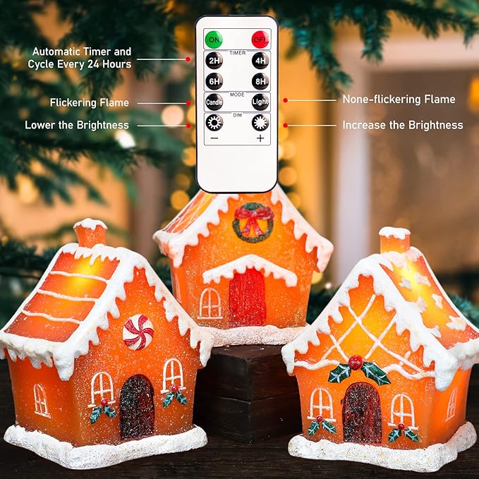 Christmas Gingerbread House Tabletop Decoration Lighted Christmas Village House Real Wax Battery Operated with Remote Flickering LED Light Christmas Village Decor for Mantel Desk Table Centerpiece