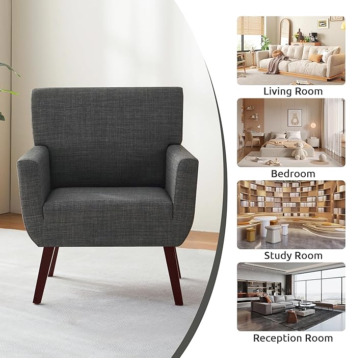 Upholstered Accent Chair,Mid Century Modern Office Fabric Small Living Room Chair with Arm,Comfy Wingback Armchair for Bedroom Reading (Grey, 2 PC)