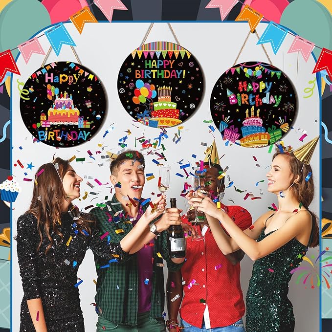 Blosssound 3 Pcs Door Decorations Front Hanging Door Sign Hanging Ornament Wooden Wall Sign Hanger for Celebrations Farmhouse Home Living Room Party Supplies(Birthday)