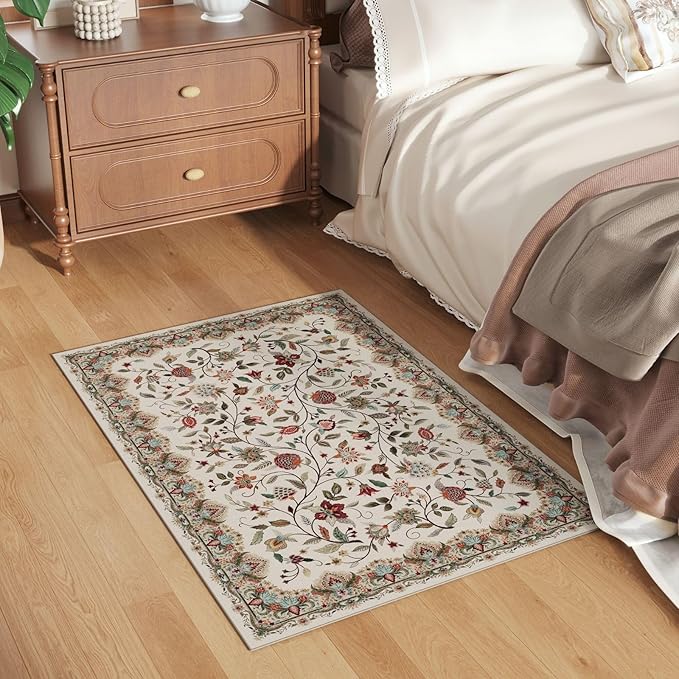 Rugcomf 2'x3' Entryway Rug - Paisley Pattern, Door Mat Indoor Entrance, Floral Vintage, Machine Washable, Non-Slip Low Pile Area Rug for Kitchen, Front Door, Kids Room - Beige