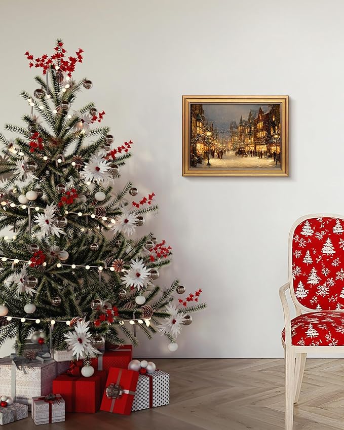 VIYYIEA Vintage Gold Framed Wall Art for Living Room, Christmas Canvas Prints Home Decor, Oil Painting Picture, Bedroom Wall Decor Gifts for Friends or Family -【A Warm Snowy Night】-(16L x 12W)