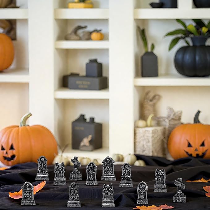 12PCS Mini Tombstones for Halloween Decoration, Resin Miniature Gravestones for Terrarium, Mini Headstones, Small Graveyard Set, Gothic Cemetery Figurines for Haunted House, Tabletop Displays