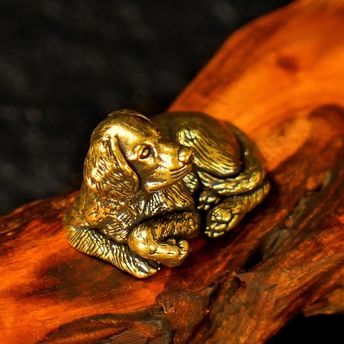 Solid Brass Sleeping Dog Statue - Handcrafted Vintage Awakening Puppy Sculpture, Cute Retro Desk Decor for Home & Office, Unique Gift for Dog Lovers, Collectible Art Figurine for Shelves