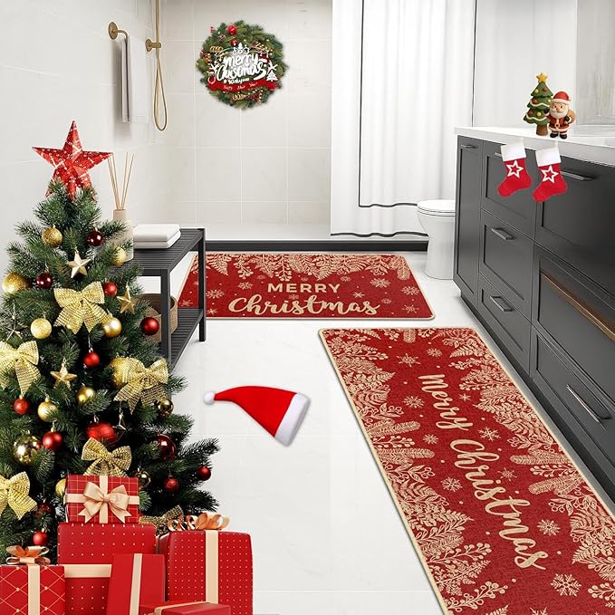 Christmas Red Holly Pine Kitchen Rugs and Mats Non Skid Washable Set of 2, Branches Leaves Xmas Kitchen Mats for Floor Decor