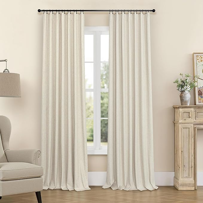 98 Inch Curtains Blackout Linen Country Cottage Core Thick Textured Lightweight Window Drapes for Guest Bedroom Living Room Darkening Thermal Winter Curtain Keep Cold Out 98 Inch Length 2 Panels Beige