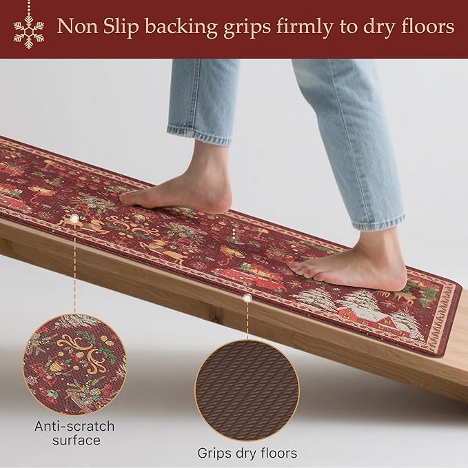 GENIMO Christmas Decorations - Kitchen Mats for Floor, Christmas Kitchen Rugs, Cushioned Anti Fatigue Mat for Home Decor, Waterproof Non Slip Standing Mat for Laundry, 23.6"x71", Red