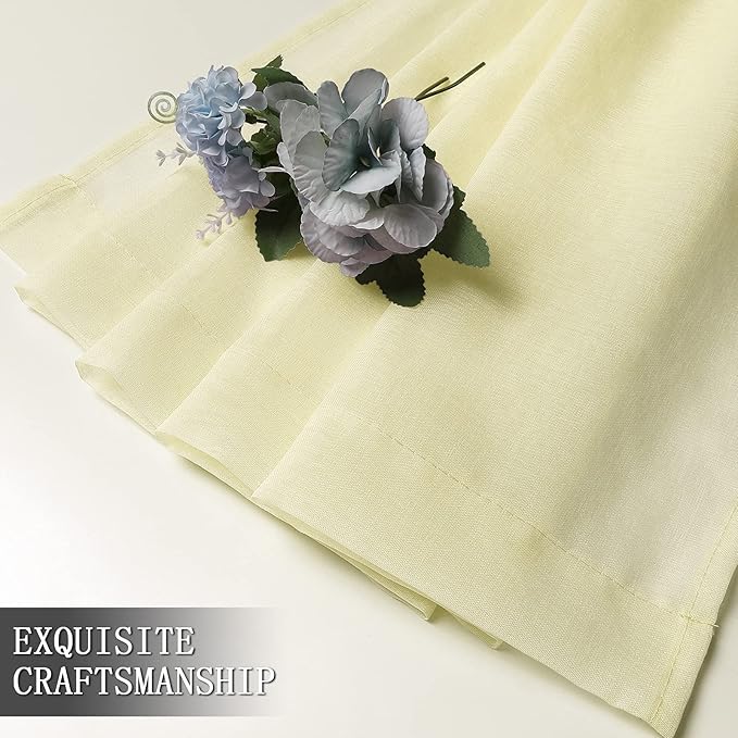 Tollpiz Sheer Tier Curtain Linen Textured Half Kitchen Curtains Sheer Light Filtering Rod Pocket Voile Small Curtains for Bathroom, 25 x 36 inches Long, Transparent Yellow, Set of 2 Panels