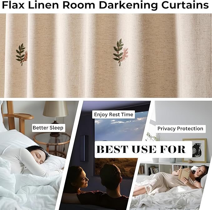 Linen Flax Curtain 50x84 Natural with Embroidery, Farmhouse Curtain,Tab Top Curtains, Room Darkening Drapes, Curtains for Bedroom, Curtains for Living Room_1Piece