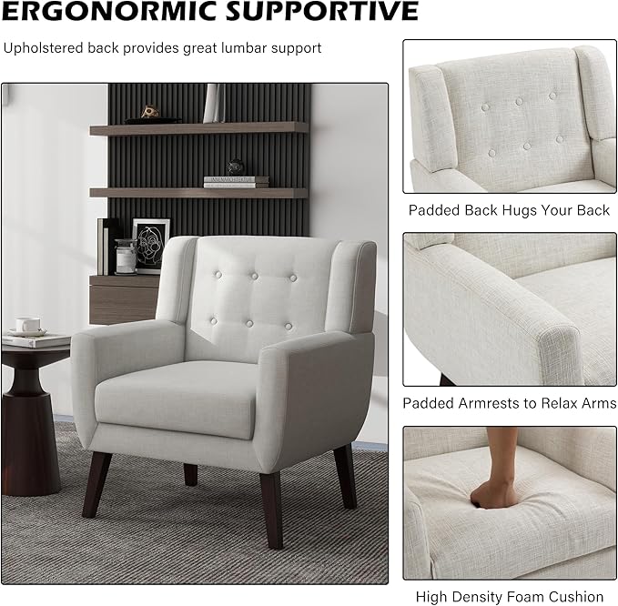 UIXE Accent Chairs Set of 2, Modern Living Room Arm Chair Mid-Century Upholstered Club Armchair, Comfy Fabric Single Sofa Button Tufted Reading Seat Bedroom Side Sitting, Beige