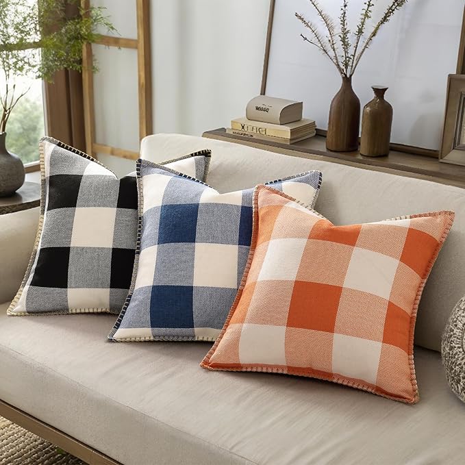 decorUhome Farmhouse Gingham Buffalo Plaid Check Throw Pillow Covers 18x18 Set of 2, Outdoor Fall Linen Decorative Pillow Covers with Stitched Edge for Bed Couch Sofa, Orange and White