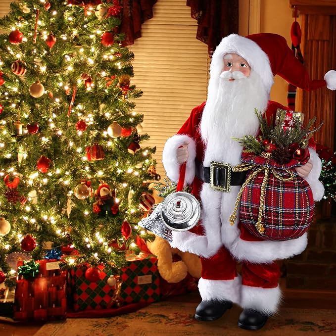 Uten 18" Santa Claus Decorations, Christmas Standing Figurine Ornaments with Gifts Bag and Bell for New Year Christmas Decoration Navidad Natal Gifts.