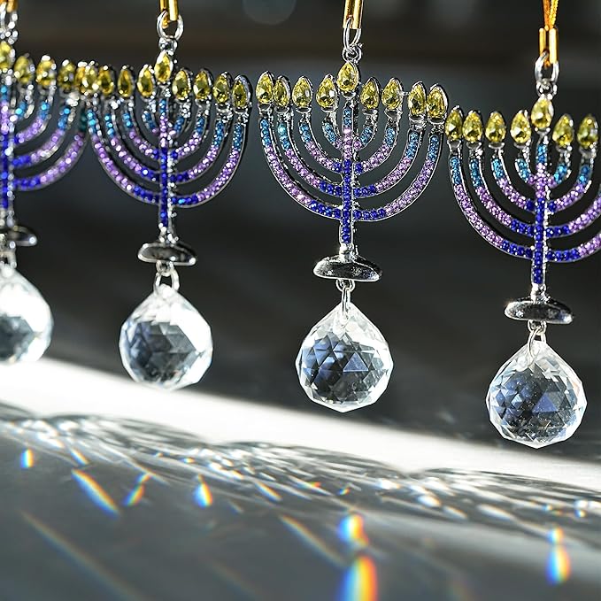 6 PCS Hanukkah Menorah Hanging Ornaments, Crystal Suncatchers for Christmas Tree, Halloween & Hanukkah Decorations, Window Suncatchers & Gift