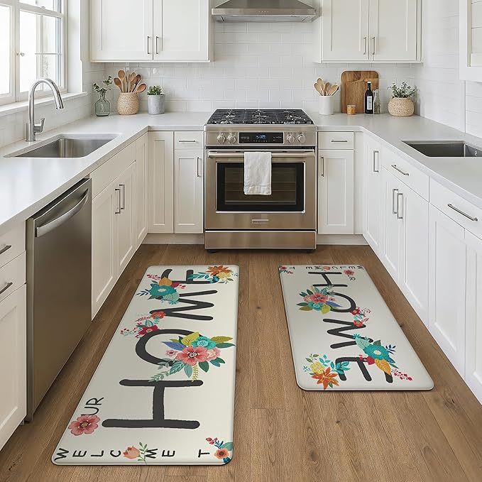 GENIMO Anti Fatigue Kitchen Mats for Floor, Non Slip Washable Home Theme Rugs Sets of 2, Farmhouse Cushioned Waterproof Comfort Runner Rug for Kitchen, Sink, Desk, Laundry, 17"x 47"+17"x 30", White
