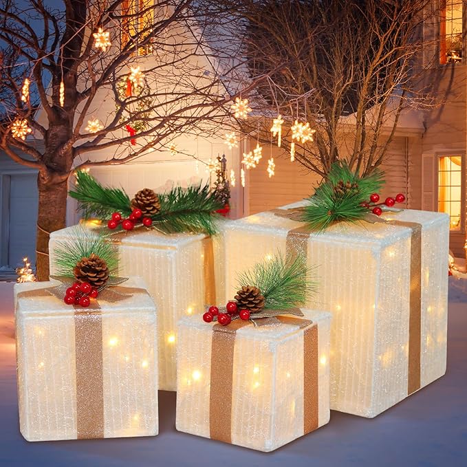 DomKom Set of 4 Christmas Lighted Gift Boxes, 70 Led Light Up White Iron Frame Present Box with Pine Cones Bows for Christmas Tree Party Yard Holiday Indoor Outdoor Decoration