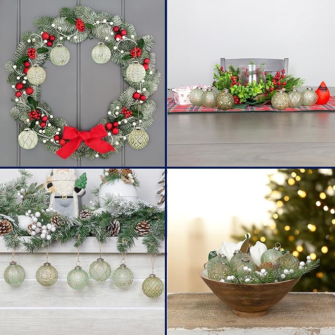 AuldHome Design Farmhouse Ball Ornaments (Set of 6, Soda Glass); Distressed Metal Glass Ball Vintage Style Christmas Decorations