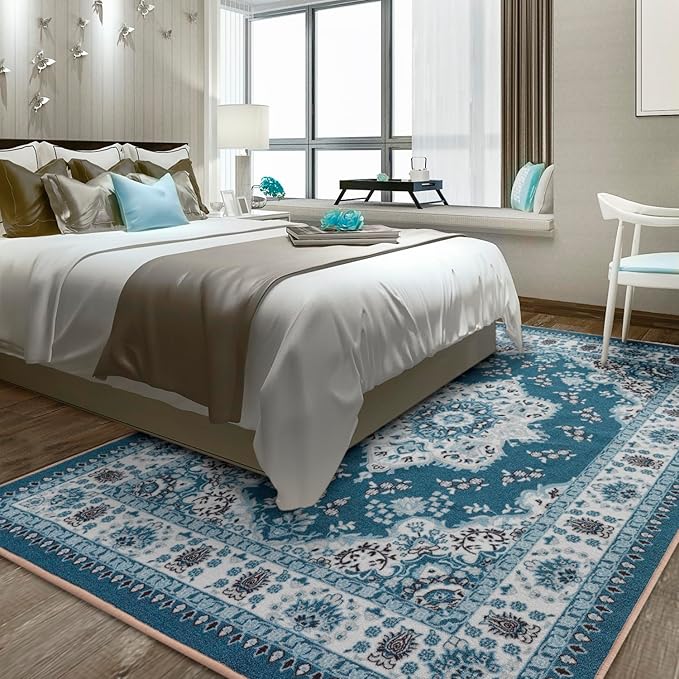 Antep Rugs Alfombras Oriental Traditional 4x6 Non-Skid (Non-Slip) Low Profile Pile Rubber Backing Indoor Area Rugs (Turquoise Blue, 4' x 5'8")