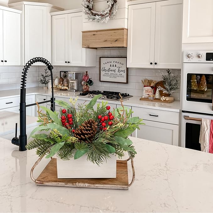 Christmas Centerpieces 8 Inch Artificial Christmas Plant in Rectangular Wooden Pot Tabletop Pine Plants with Red Berries Pine Cones Eucalyptus for Winter Holiday Party Fireplace Mantel Xmas Decor