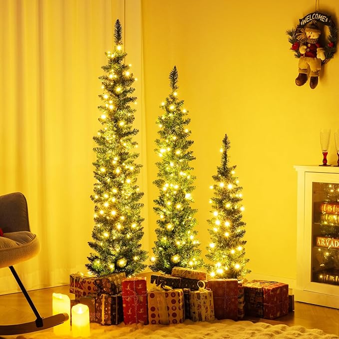 GOFLAME Set of 3 Pre-Lit Christmas Trees, Pencil Artificial Christmas Trees 3Ft, 4Ft and 5Ft with Warm White LED Lights, Burlap Base, Seasonal Holiday Decoration Tree for Home Party