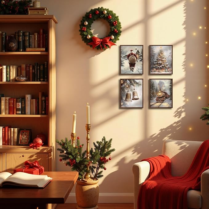 DOFQZ Winter Christmas Wall Art Prints Set of 4, Christmas Home Room Decor, Winter Snowy Xmas Train Santa Bell Pine Tree Posters for Home Bedroom Living Room Decor, 8x10 Unframed