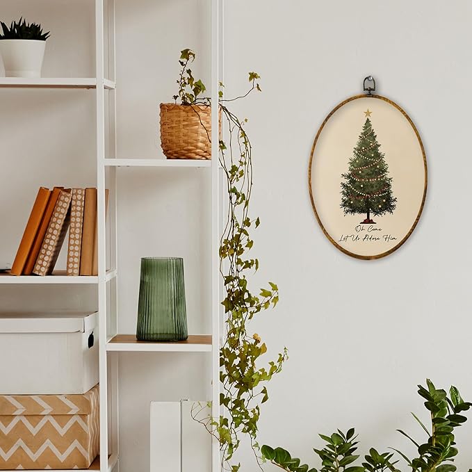 XPH Vintage Christian Christmas Tree Oval Wall Art Framed, Religious Christmas Oval Wall Decor, Oh Come Let Us Adore Him Bible Verse Hanging Canvas Prints for Home Bedroom Decoration, 8.6x11.4 Inch
