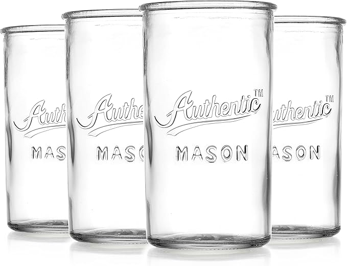 Glaver's Drinking Glasses – Set of 4 Authentic Mason Vintage Glassware – Clear Glass Tumblers for Cocktails, Water, Juice – Embossed Vintage Drinking Glasses (Highball 18 oz 7983)