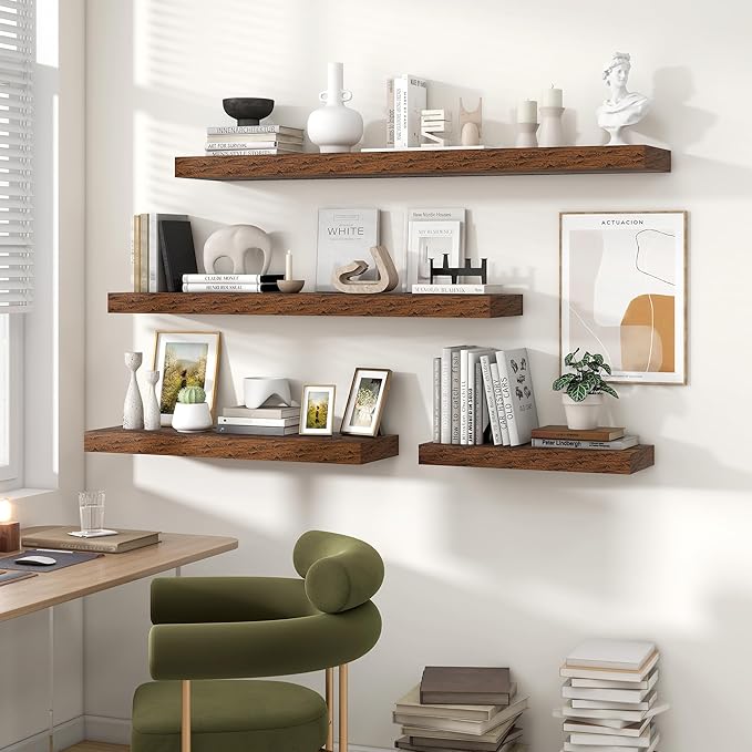 Heimlove 55 Inch Floating Shelves for Wall,10 Deep Large Rustic Brown Wall Shelf with Heavy Duty Brackets,Mounted Storage & Display Shelves for Bedroom,Living Room,Kitchen,Office,Set of 2