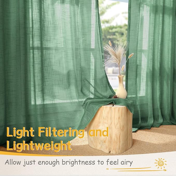 YoungsTex Green Linen Cafe Curtains 40 Inches Long 2 Panels, Small Drapes Light Filtering with Rod Pocket Back Tab for Bathroom Kitchen Window, 34 X 40 Inch