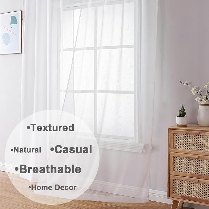 Aiyufeng Kirei Elegant Extra Long Linen Look Sheer Curtains 96 Inches Long 2 Pieces, Farmouse Semi Sheers Linen Curtains/Window Treatments Panels/Drapes (Set of 2, 40 by 96 Inch, Pure White)
